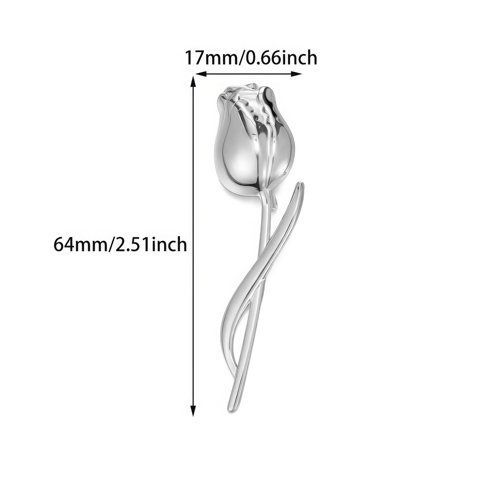 Silver tulip brooch with size specifications (17mm x 64mm), isolated on white background