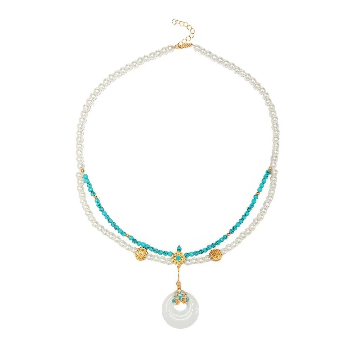 Turquoise peace buckle necklace with pearls, isolated on white background