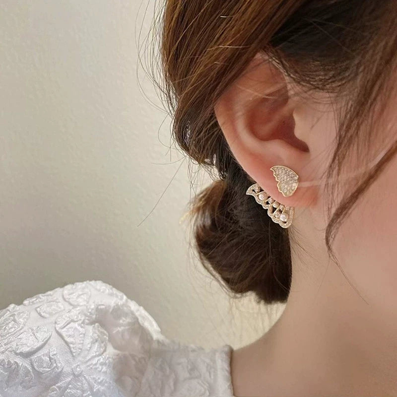 Two - way wear butterfly diamond earrings, worn on ear, highlighting elegance