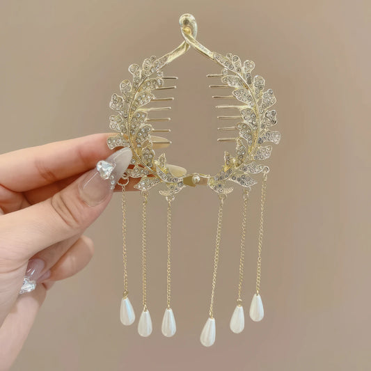 Updo clip set with pearl tassels and gold detailing