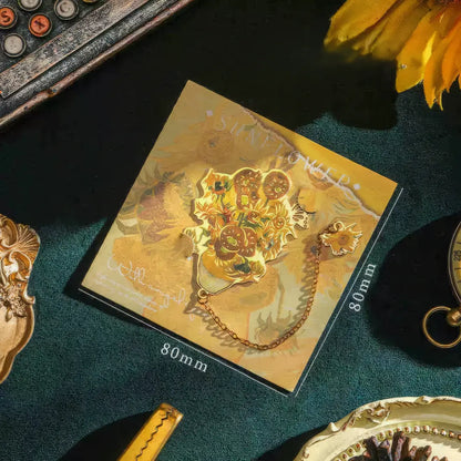 Van Gogh - inspired metal bookmark in a brown package, on a simple background, detailed product photography style, 4:3 ratio