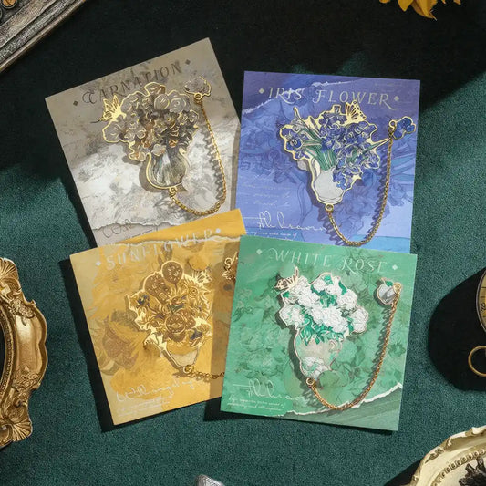 Van Gogh - inspired metal bookmark placed on an open book, showing the bookmark's details, detailed product photography style, 4:3 ratio
