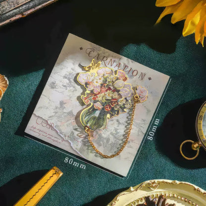 Van Gogh - inspired metal bookmark with real - looking artificial flowers as a background, adding an artistic touch, detailed product photography style, 4:3 ratio