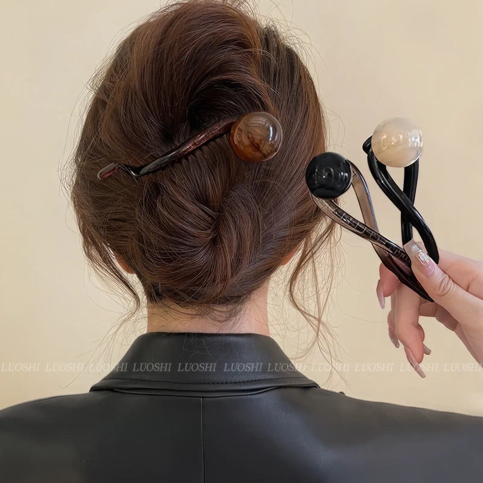 Vintage brown bead twist clips worn in updo hairstyle (multiple clips)