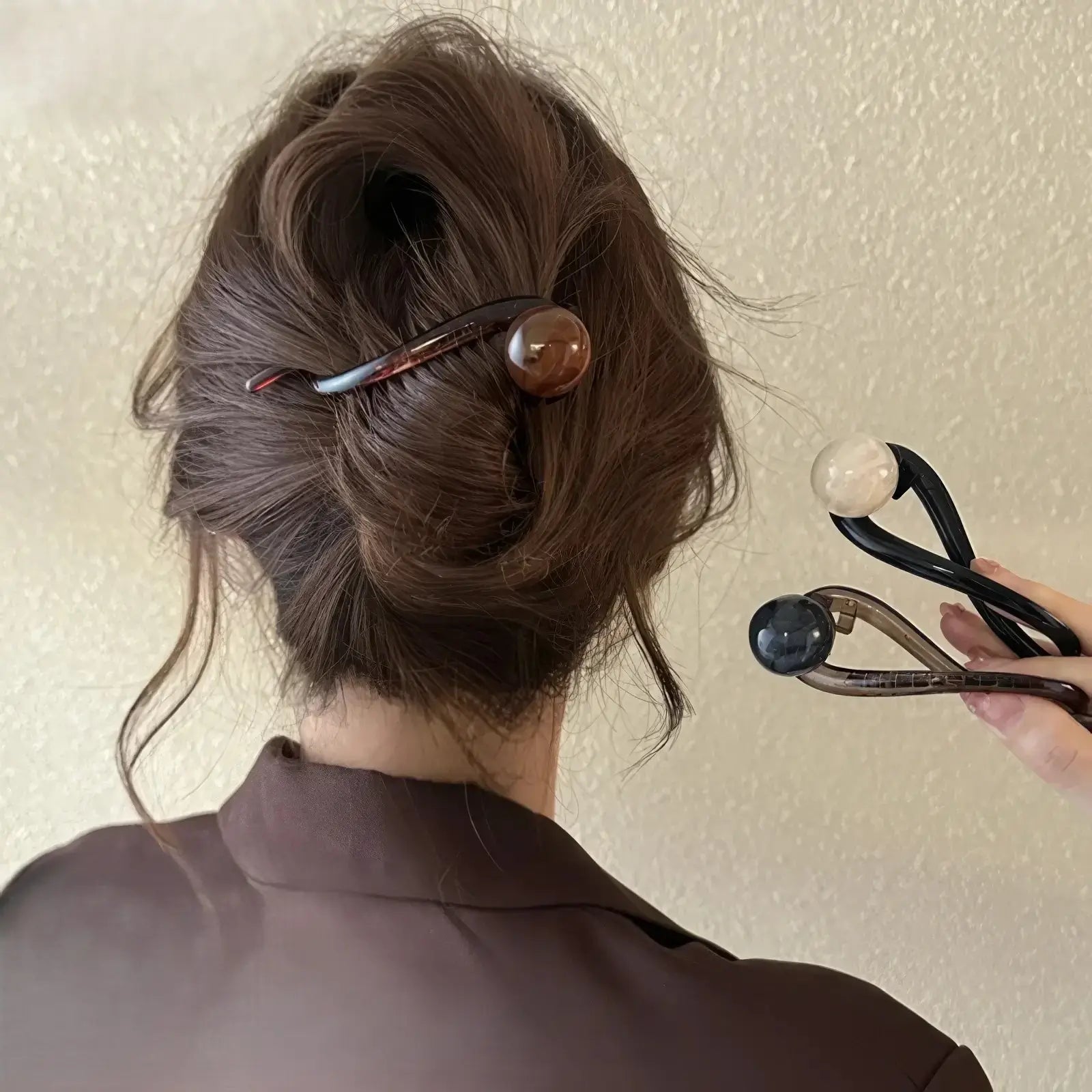 Vintage brown bead twist clips worn in updo hairstyle (different bead tones)