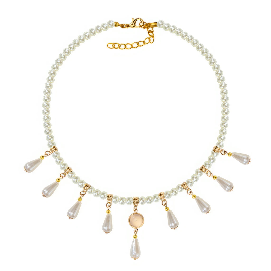 White water drop necklace with pearls and gold details, isolated on white background