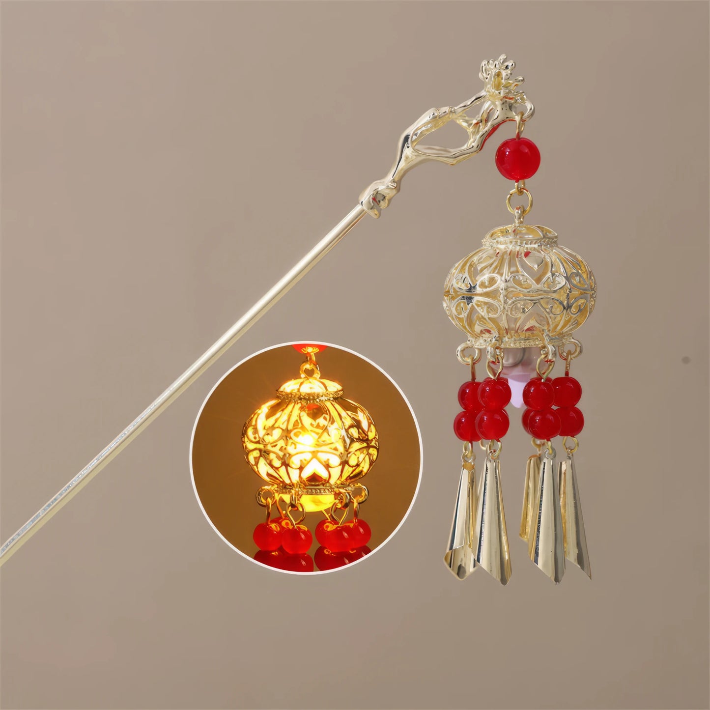 Xiaonianhuadeng hairpin with red accessories and gold lantern, beige background
