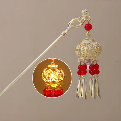 Xiaonianhuadeng hairpin with red accessories and gold lantern, beige background