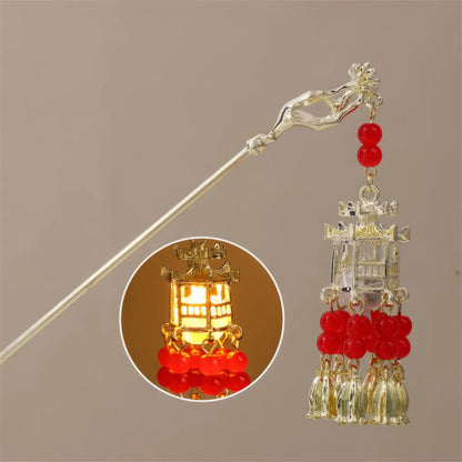 Xiaonianhuadeng hairpin with red accessories and gold lantern, beige background