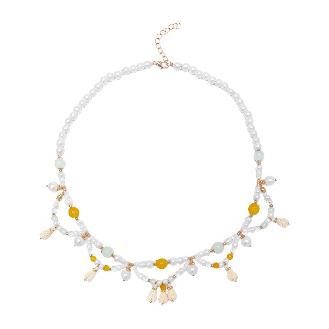 Yellow lily - of - valley necklace with pearls and beads, isolated on white background
